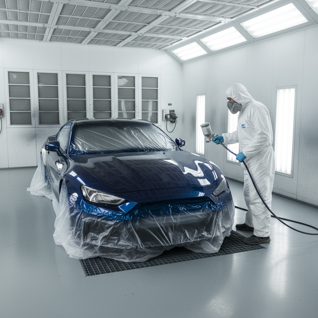 Technician applying paint inside a controlled booth