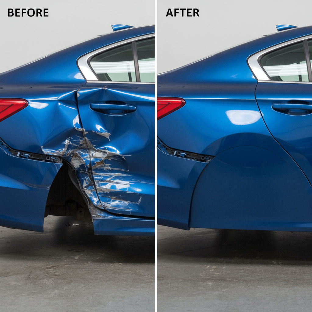 Before and after repaint on a rear quarter panel